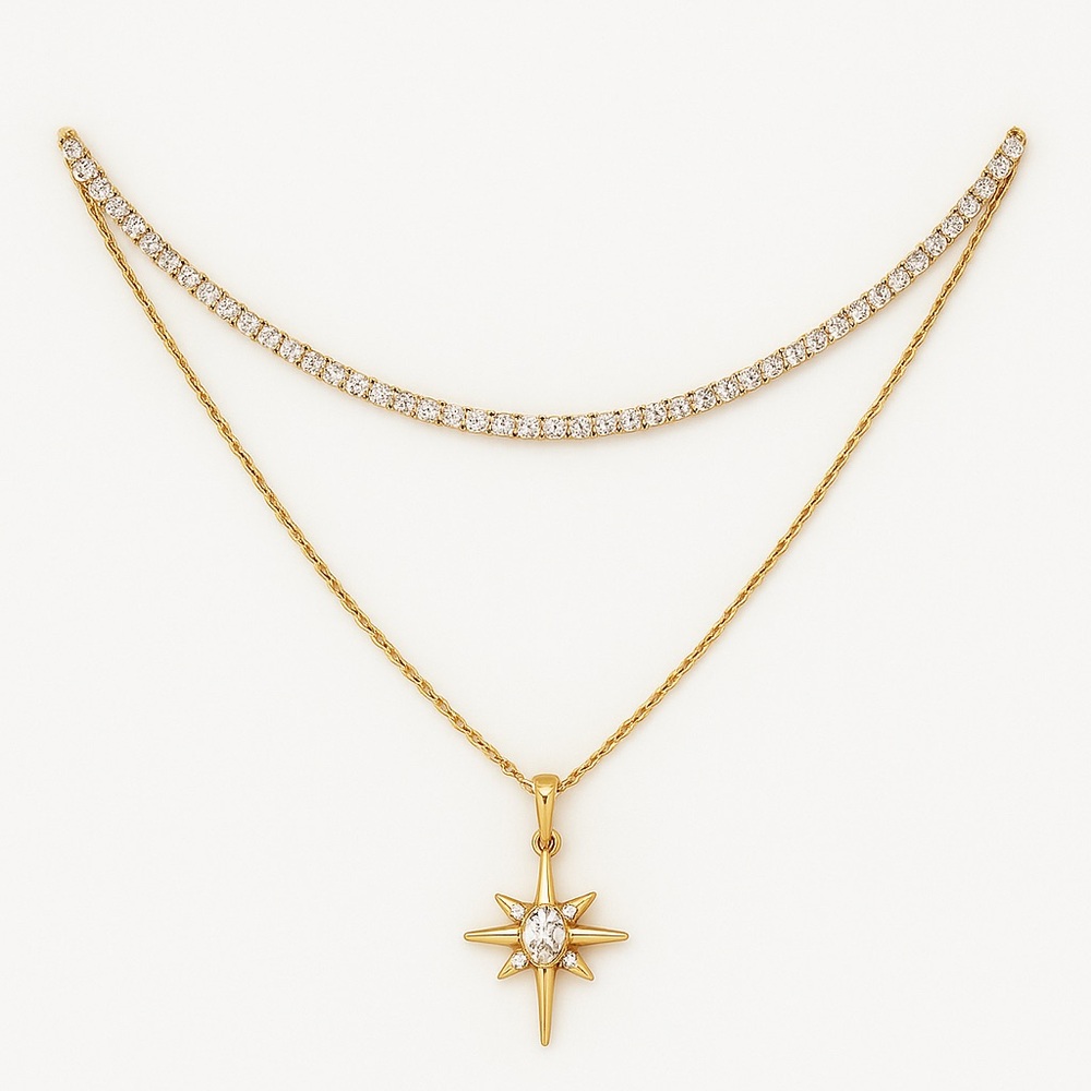 NEW 18K GOLD PLATED LAYERED NECKLACE SET – TENNIS + STAR PENDANT